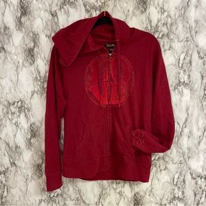 Vtg Y2K Lucky Brand Women's Red Velvet Embroidered LOVE Zip-Up Hoodie XLarge